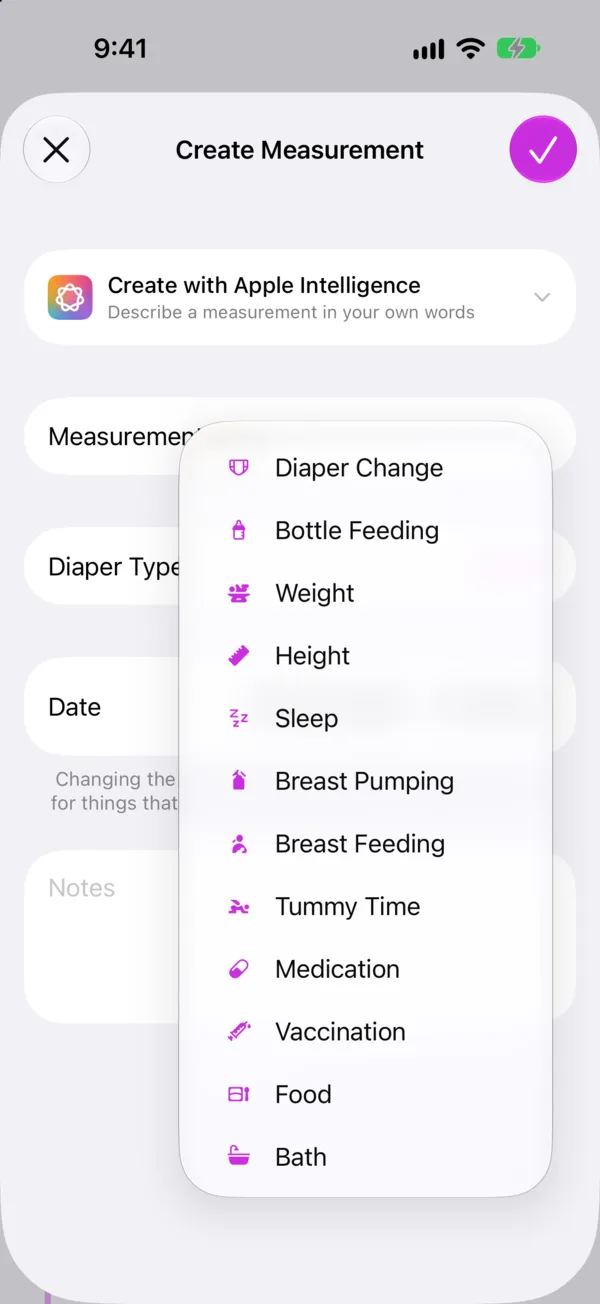 The Create Measurement screen listing all 12 kinds of entry, with Create with Apple Intelligence at the top