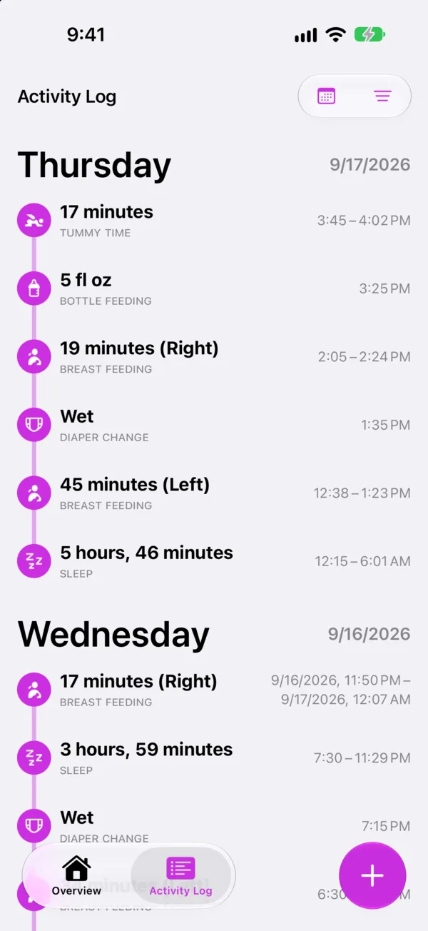 The Activity Log, showing a day of feeds, sleep and nappy changes