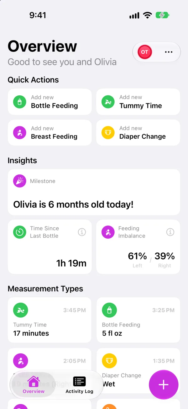 The BabyTrack Overview, with quick actions, a milestone, the time since the last bottle and the feeding balance