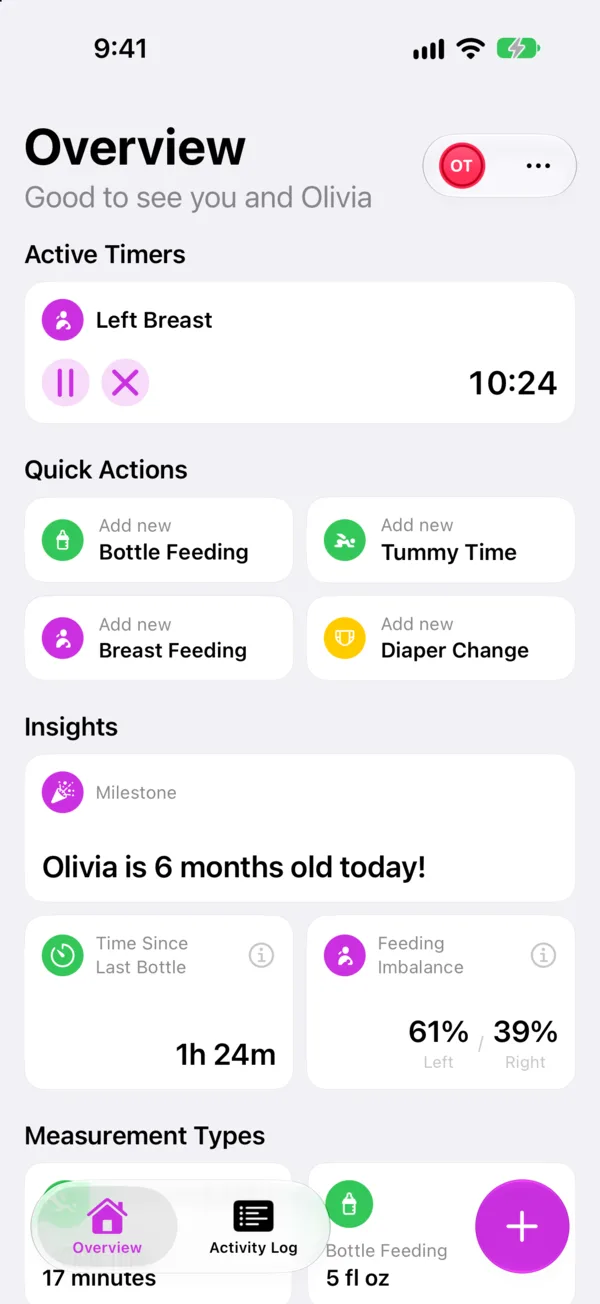The Overview with a left breast timer running, quick actions and insights